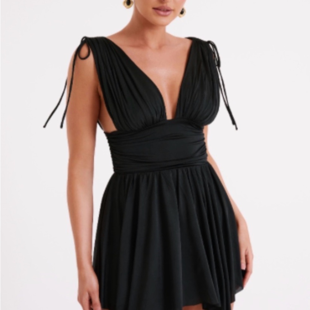 Black Plunge Neck Tie-Shoulder Dress